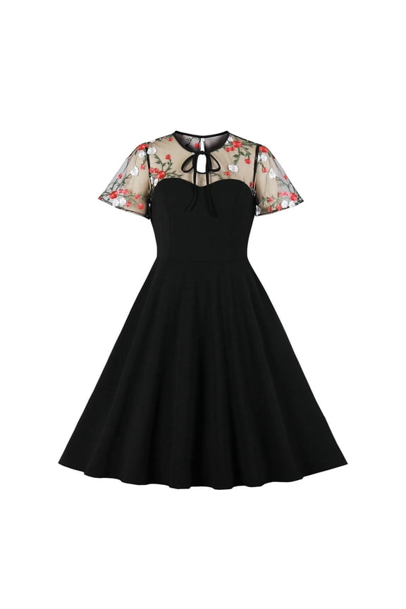 Women's Vintage 1950s Cocktail Party Polka Dots Prom Audrey Tea Dress Retro Swing Hepburn Party Gown 2XL Floral Black