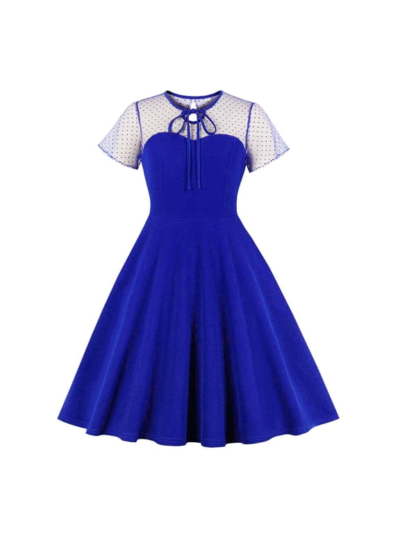 Women's Vintage 1950s Cocktail Party Polka Dots Prom Audrey Tea Dress Retro Swing Hepburn Party Gown 2XL Royal Blue
