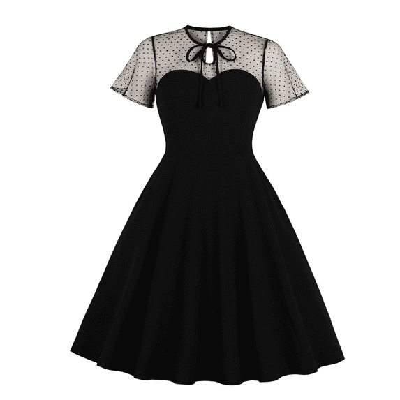 IBTOM CASTLE Women's Vintage 1950s Cocktail Party Polka Dots Prom Audrey Tea Dress Retro Swing Hepburn Party Gown 3XL Black