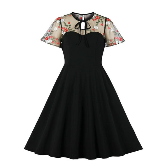 IBTOM CASTLE Women's Vintage 1950s Cocktail Party Polka Dots Prom Audrey Tea Dress Retro Swing Hepburn Party Gown 3XL Floral Black