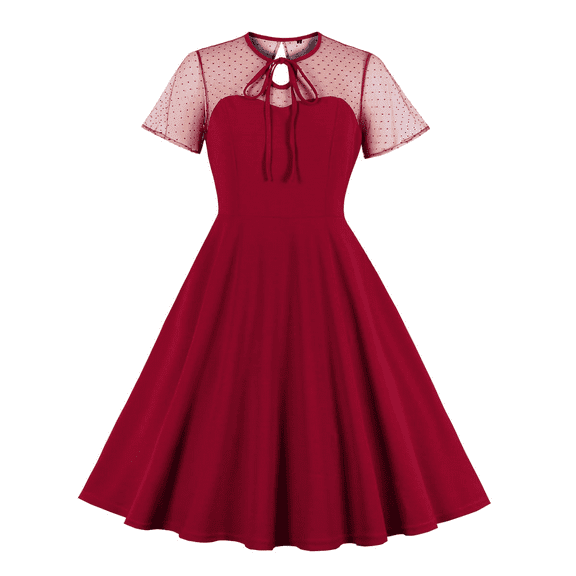 IBTOM CASTLE Women's Vintage 1950s Cocktail Party Polka Dots Prom Audrey Tea Dress Retro Swing Hepburn Party Gown 3XL Wine Red