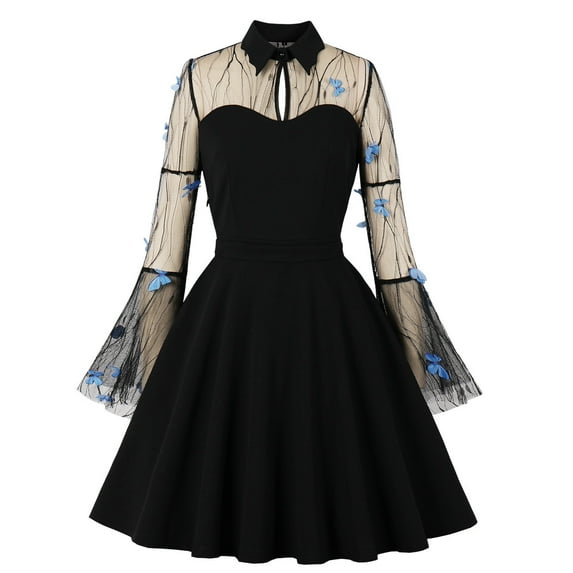 IBTOM CASTLE Women's Vintage 1950s Cocktail Party Prom Tea Dress Summer Long Bell Sleeve Retro flared A-line Swing Casual Dresses 3XL Black - Butterfly