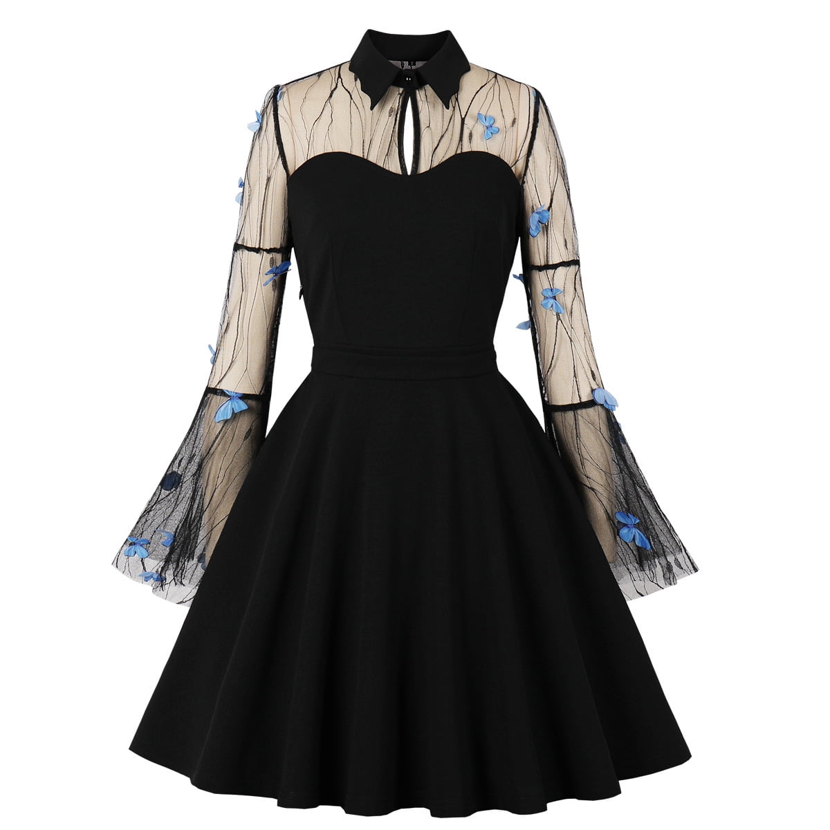 Women's 1950s Vintage Polka Dot Halter Swing Dress - Retro Rockabilly Cocktail Tea Party Dress, Audrey Hepburn Style, Blue Halter Medium - View #2