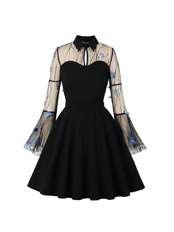 Women's Vintage 1950s Cocktail Party Prom Tea Dress Summer Long Bell Sleeve Retro flared A-line Swing Casual Dresses S Black - Butterfly