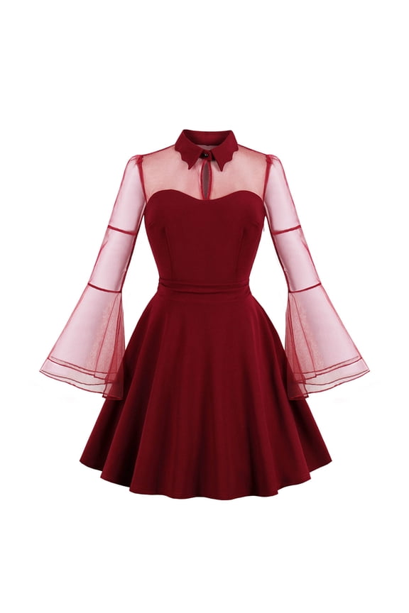 Women's Vintage 1950s Cocktail Party Prom Tea Dress Summer Long Bell Sleeve Retro flared A-line Swing Casual Dresses L Wine Red