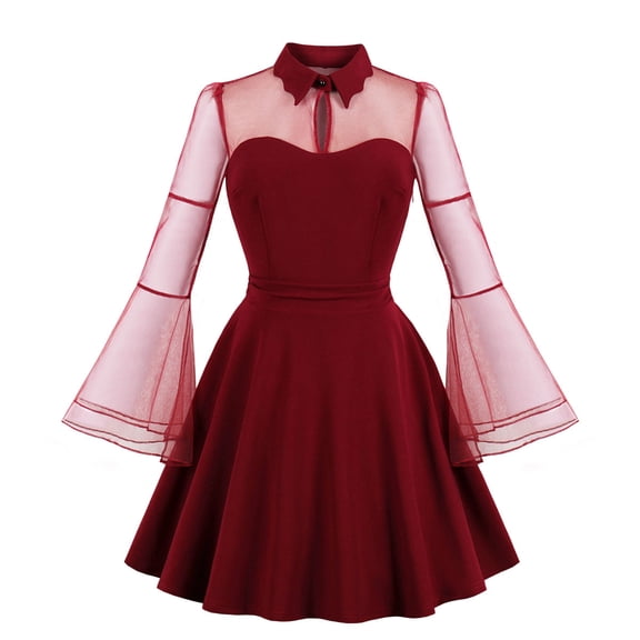 IBTOM CASTLE Women's Vintage 1950s Cocktail Party Prom Tea Dress Summer Long Bell Sleeve Retro flared A-line Swing Casual Dresses XL Wine Red