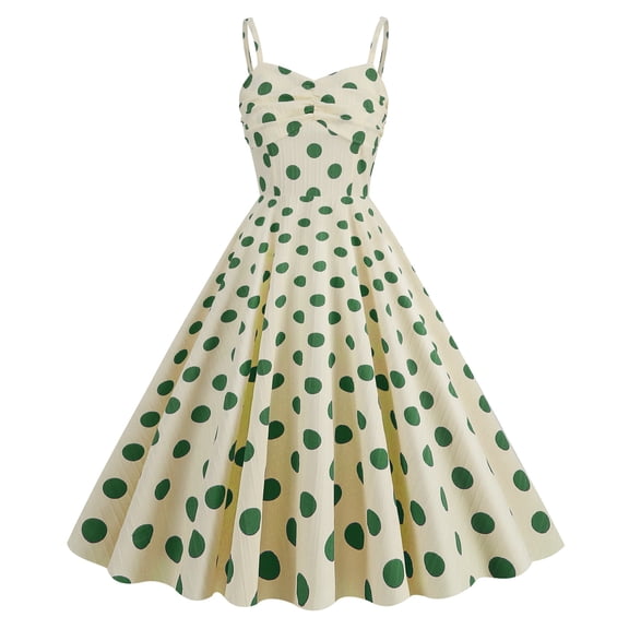 IBTOM CASTLE Women's Vintage 1950s Cocktail Party Swing Dress Summer Sleeveless Halter Retro Wedding Formal A-line Midi Dresses S Apricot Green Dots
