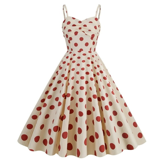 IBTOM CASTLE Women's Vintage 1950s Cocktail Party Swing Dress Summer Sleeveless Halter Retro Wedding Formal A-line Midi Dresses S Apricot + Red Dots