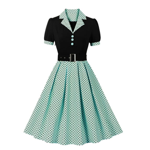 IBTOM CASTLE Women's Vintage Dress Plaid Floral Cocktail Party Swing Dresses 1950s Retro Gown Wedding Formal A-line Midi Dresses L Black + Green Dots