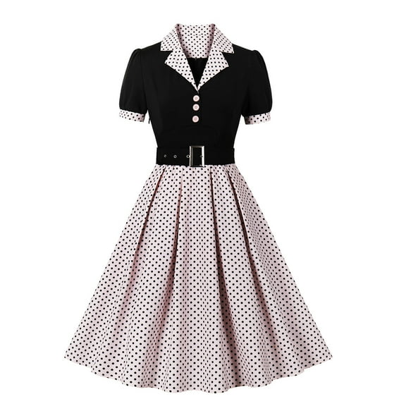 IBTOM CASTLE Women's Vintage Dress Plaid Floral Cocktail Party Swing Dresses 1950s Retro Gown Wedding Formal A-line Midi Dresses L Black + Pink Dots