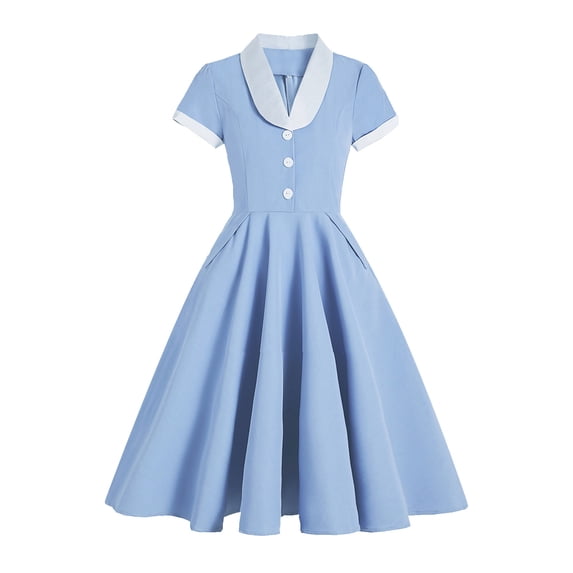 IBTOM CASTLE Women's Vintage Dress Plaid Floral Cocktail Party Swing Dresses 1950s Retro Gown Wedding Formal A-line Midi Dresses L Blue Pocket