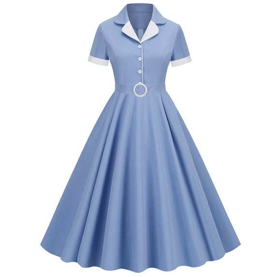 IBTOM CASTLE Women's Vintage Dress Plaid Floral Cocktail Party Swing Dresses 1950s Retro Gown Wedding Formal A-line Midi Dresses L Blue + White