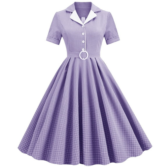 IBTOM CASTLE Women's Vintage Dress Plaid Floral Cocktail Party Swing Dresses 1950s Retro Gown Wedding Formal A-line Midi Dresses L Purple Plaid