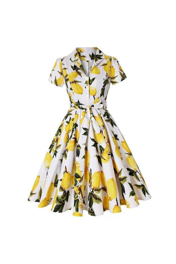 Women's Vintage Dress Plaid Floral Cocktail Party Swing Dresses 1950s Retro Gown Wedding Formal A-line Midi Dresses L Yellow Lemon