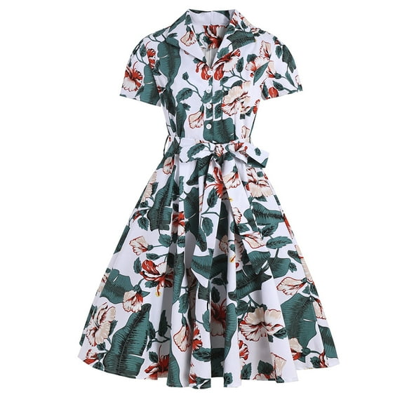 IBTOM CASTLE Women's Vintage Dress Plaid Floral Cocktail Party Swing Dresses 1950s Retro Gown Wedding Formal A-line Midi Dresses M Green Leaves