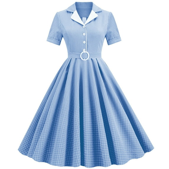 IBTOM CASTLE Women's Vintage Dress Plaid Floral Cocktail Party Swing Dresses 1950s Retro Gown Wedding Formal A-line Midi Dresses M Light Blue Plaid