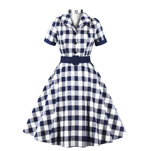 IBTOM CASTLE Women's Vintage Dress Plaid Floral Cocktail Party Swing Dresses 1950s Retro Gown Wedding Formal A-line Midi Dresses S Blue Plaid