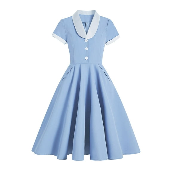 IBTOM CASTLE Women's Vintage Dress Plaid Floral Cocktail Party Swing Dresses 1950s Retro Gown Wedding Formal A-line Midi Dresses S Blue Pocket