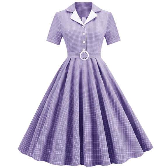 IBTOM CASTLE Women's Vintage Dress Plaid Floral Cocktail Party Swing Dresses 1950s Retro Gown Wedding Formal A-line Midi Dresses S Purple Plaid