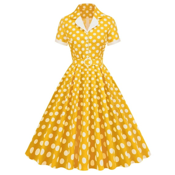 IBTOM CASTLE Women's Vintage Dress Plaid Floral Cocktail Party Swing Dresses 1950s Retro Gown Wedding Formal A-line Midi Dresses S Yellow Polka Dots