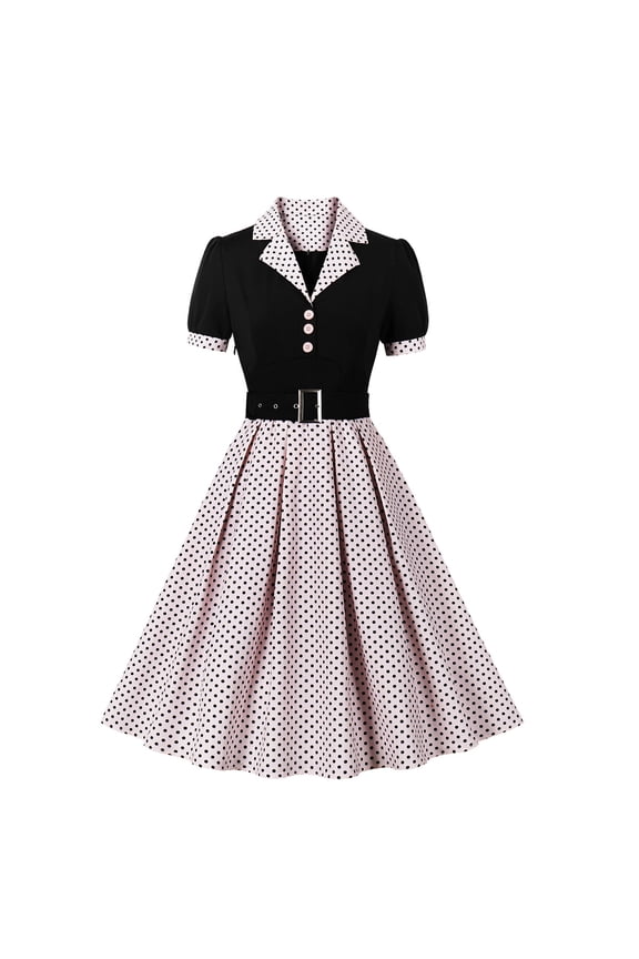Women's Vintage Dress Plaid Floral Cocktail Party Swing Dresses 1950s Retro Gown Wedding Formal A-line Midi Dresses XL Black + Pink Dots