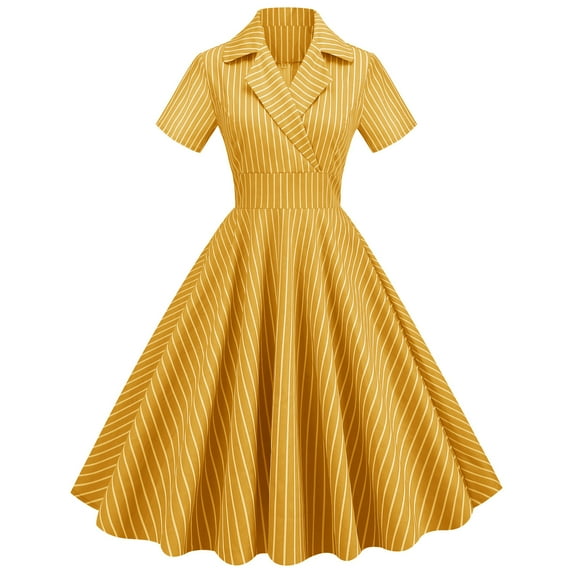 IBTOM CASTLE Women's Vintage Dress Plaid Floral Cocktail Party Swing Dresses 1950s Retro Gown Wedding Formal A-line Midi Dresses XL Yellow Striped