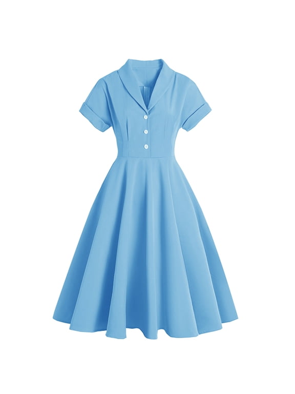 Women's Vintage Dress Plaid Floral Cocktail Party Swing Dresses 1950s Retro Gown Wedding Formal A-line Midi Dresses XXL Blue