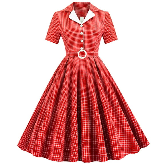 IBTOM CASTLE Women's Vintage Dress Plaid Floral Cocktail Party Swing Dresses 1950s Retro Gown Wedding Formal A-line Midi Dresses XXL Red Plaid
