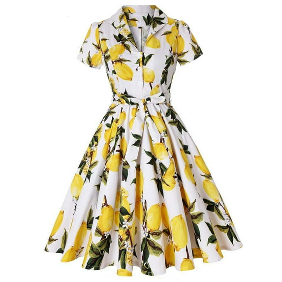 IBTOM CASTLE Women's Vintage Dress Plaid Floral Cocktail Party Swing Dresses 1950s Retro Gown Wedding Formal A-line Midi Dresses XXL Yellow Lemon