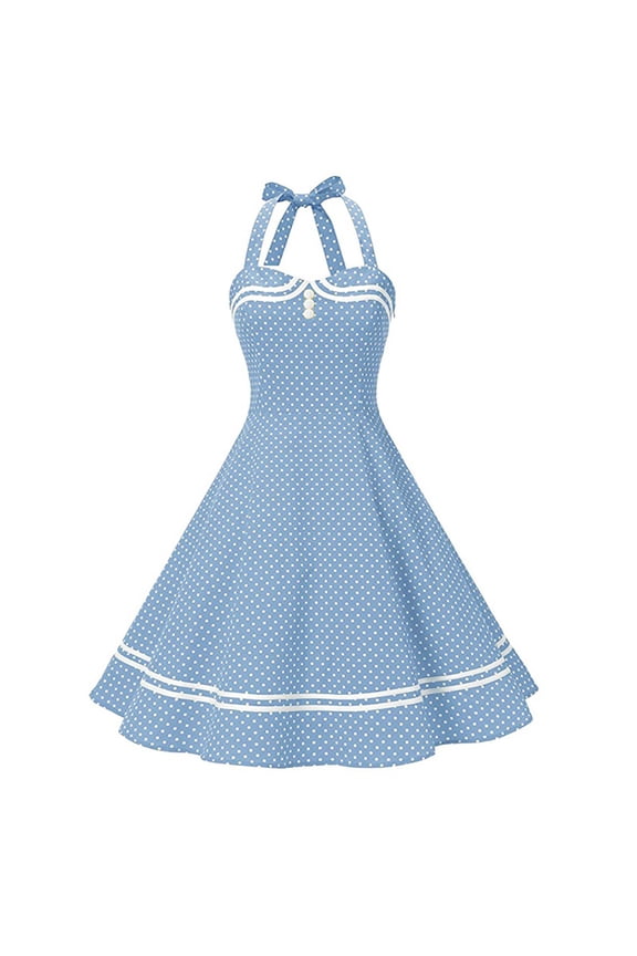 Women's Vintage Polka Dot Audrey Dress 1950s Halter Retro Cocktail Prom Dress Rockabilly Wedding Hepburn 50's 60's Party Swing Gown L Blue - Polka Dots