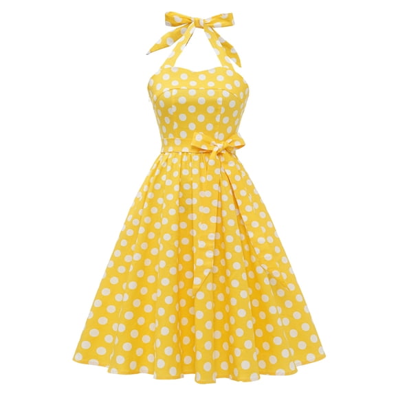 IBTOM CASTLE Women's Vintage Polka Dot Audrey Dress 1950s Halter Retro Cocktail Prom Dress Rockabilly Wedding Hepburn 50's 60's Party Swing Gown L Yellow - Big Dots