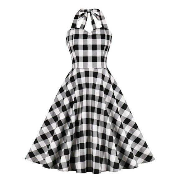 IBTOM CASTLE Women's Vintage Polka Dot Audrey Dress 1950s Halter Retro Cocktail Prom Dress Rockabilly Wedding Hepburn 50's 60's Party Swing Gown S Black White - Plaid