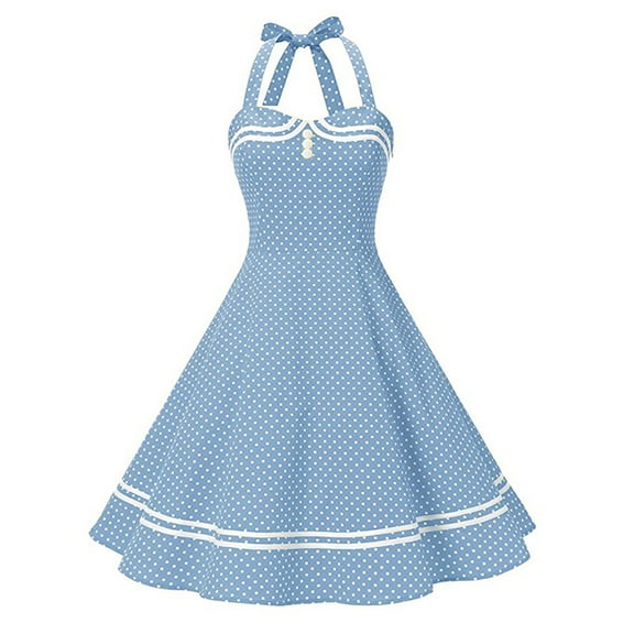 IBTOM CASTLE Women's Vintage Polka Dot Audrey Dress 1950s Halter Retro Cocktail Prom Dress Rockabilly Wedding Hepburn 50's 60's Party Swing Gown S Blue - Polka Dots