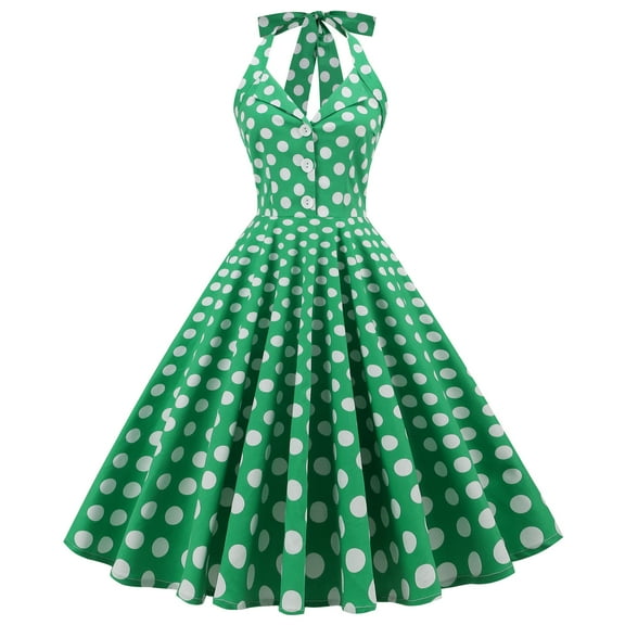 IBTOM CASTLE Women's Vintage Polka Dot Audrey Dress 1950s Halter Retro Cocktail Prom Dress Rockabilly Wedding Hepburn 50's 60's Party Swing Gown S Green - Button