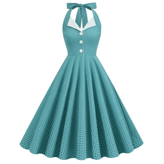 IBTOM CASTLE Women's Vintage Polka Dot Audrey Dress 1950s Halter Retro Cocktail Prom Dress Rockabilly Wedding Hepburn 50's 60's Party Swing Gown S Lake Blue - Plaid