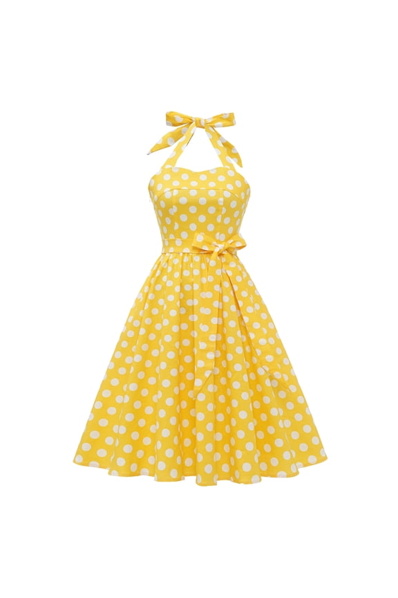 Women's Vintage Polka Dot Audrey Dress 1950s Halter Retro Cocktail Prom Dress Rockabilly Wedding Hepburn 50's 60's Party Swing Gown S Yellow - Big Dots