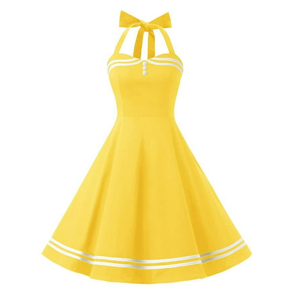 IBTOM CASTLE Women's Vintage Polka Dot Audrey Dress 1950s Halter Retro Cocktail Prom Dress Rockabilly Wedding Hepburn 50's 60's Party Swing Gown S Yellow