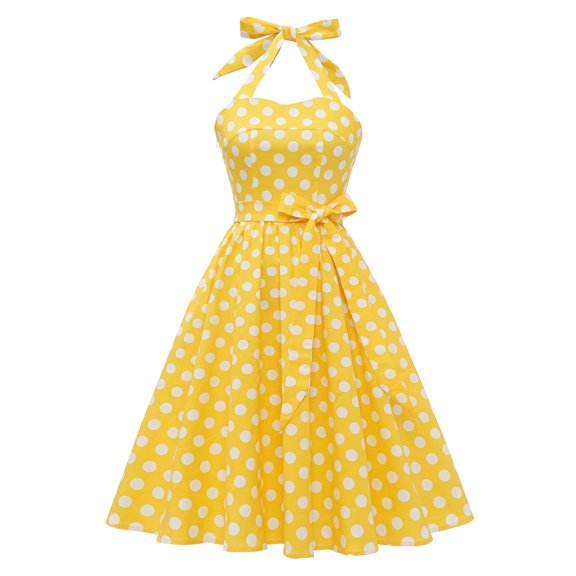 IBTOM CASTLE Women's Vintage Polka Dot Audrey Dress 1950s Halter Retro Cocktail Prom Dress Rockabilly Wedding Hepburn 50's 60's Party Swing Gown XL Yellow - Big Dots