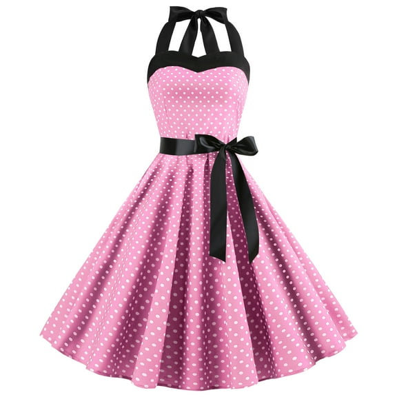 IBTOM CASTLE Women's Vintage Polka Dot Dress 1950s Halter Retro Cocktail Prom Dress Rockabilly Wedding 50's 60's Party Dress XL Pink