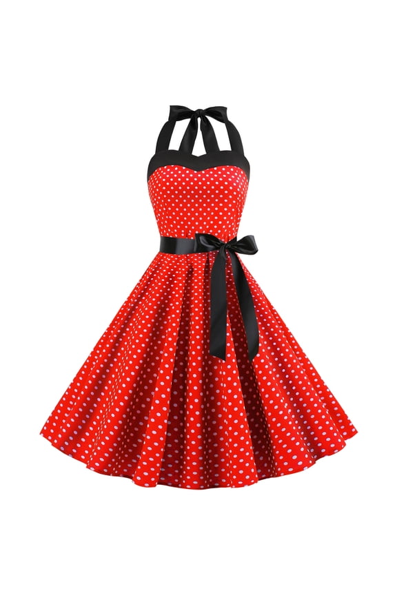 Women's Vintage Polka Dot Dress 1950s Halter Retro Cocktail Prom Dress Rockabilly Wedding 50's 60's Party Dress M Red