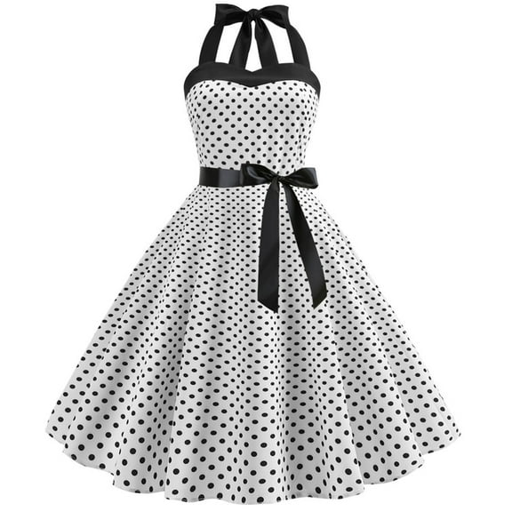 IBTOM CASTLE Women's Vintage Polka Dot Dress 1950s Halter Retro Cocktail Prom Dress Rockabilly Wedding 50's 60's Party Dress M White