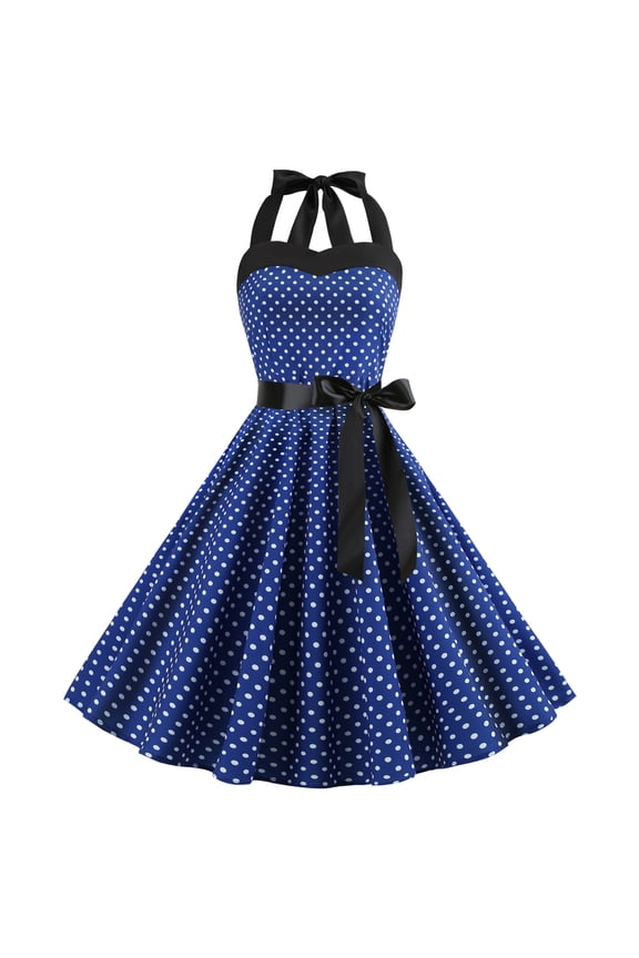 Women's Vintage Polka Dot Dress 1950s Halter Retro Cocktail Prom Dress Rockabilly Wedding 50's 60's Party Dress S Dark Blue