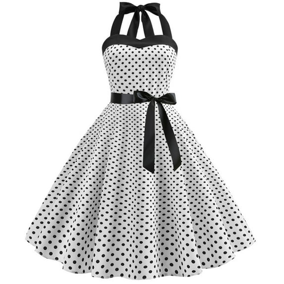 IBTOM CASTLE Women's Vintage Polka Dot Dress 1950s Halter Retro Cocktail Prom Dress Rockabilly Wedding 50's 60's Party Dress S White
