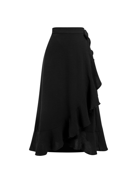 Women's Wrap Skirt High Waist Irregular High-Low Hemline Tie Waist Ruffle A-line Midi Skirt Black