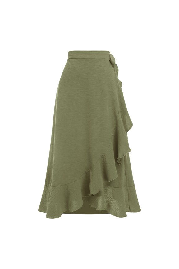 Women's Wrap Skirt High Waist Irregular High-Low Hemline Tie Waist Ruffle A-line Midi Skirt Green