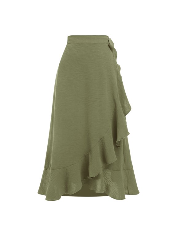 Women's Wrap Skirt High Waist Irregular High-Low Hemline Tie Waist Ruffle A-line Midi Skirt Green