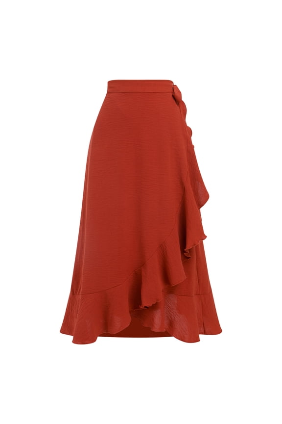 Women's Wrap Skirt High Waist Irregular High-Low Hemline Tie Waist Ruffle A-line Midi Skirt M Red