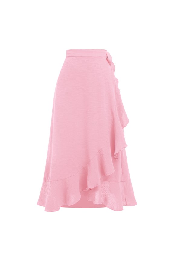 Women's Wrap Skirt High Waist Irregular High-Low Hemline Tie Waist Ruffle A-line Midi Skirt Pink