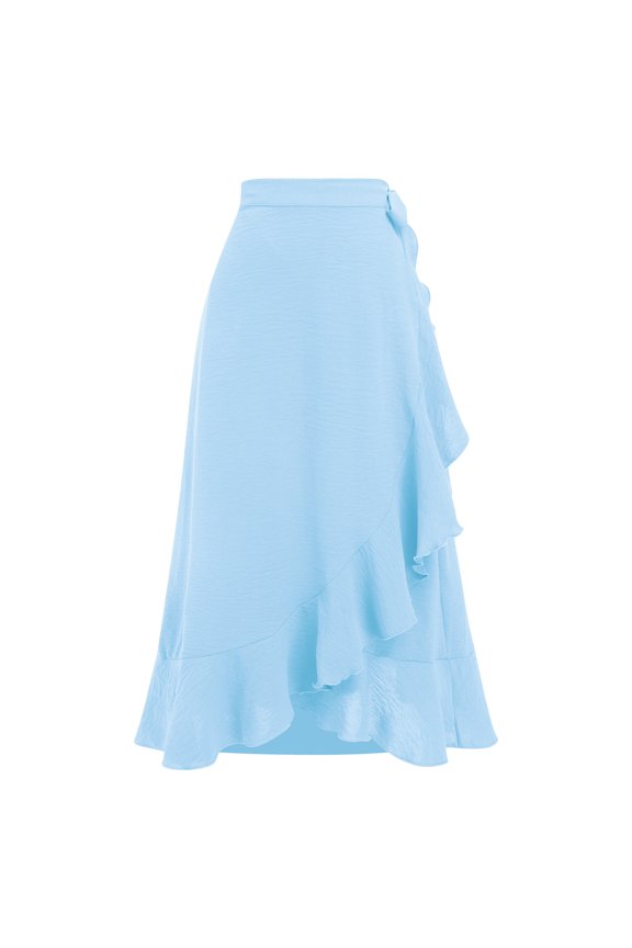 Women's Wrap Skirt High Waist Irregular High-Low Hemline Tie Waist Ruffle A-line Midi Skirt Sky Blue