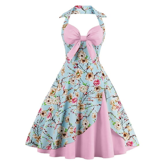 IBTOM CASTLE Womens 1950s Vintage Rockabilly Princess Pageant Prom Dress Floral Halter Swing Wedding Evening Party Gown L Light Pink